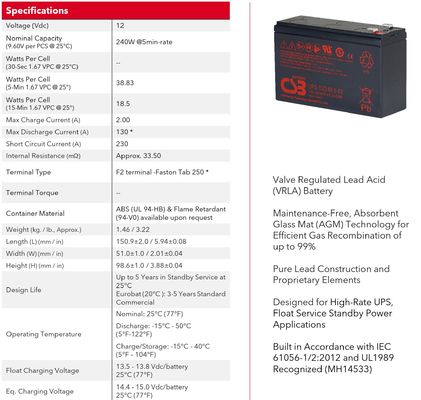 بطارية CSB UPS122406 12V 240W بدون صيانة VRLA بطارية الرصاص الحمضية 240W لمركز بيانات UPS