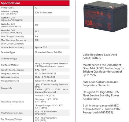 بطارية CSB HRL1250W 12V 50W بطاريات الجيل الجاف الحمضية الرصاصية القابلة لإعادة الشحن عالية الأداء للطاقة الكهربائية